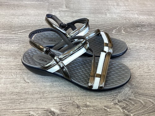 Sandali donna Clarks Collection argento slingback misura 8 5 M 15260 sandalo zeppa