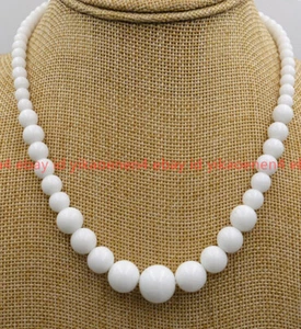 Natural 6-14mm White Porcelain Jade Round Gemstone Beads Necklace 18 Inches - Picture 1 of 12