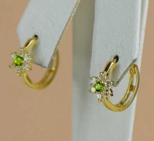 14k Yellow Gold Flower Huggies Hoop Earring Birthstone - Picture 1 of 24