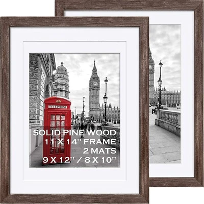 11X14 Picture Frames Brown Solid Wood - Display Pictures 9X12 or 8X10 set of 2 - Image 1 of 4