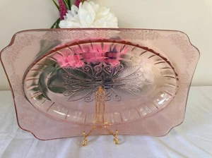 Vintage Pink Jeannette Glass Floral Poinsettia Depression Glass Platter MCM - Picture 1 of 4