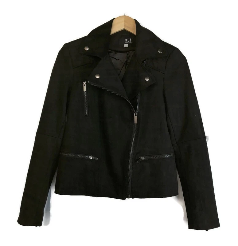 Chaqueta de moto de gamuza sintética Kut From The Kloth Quinn para mujer talla pequeña negra Foto 1 de 4