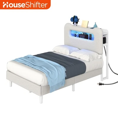 Twin Size LED Bed Frame w/ Comfort Back Upholstered Headboard & Storage Shelves - Image 1 of 4