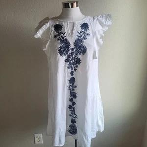 A-Line Dress Cotton Blend Size L White Blue Laser Cut Embroidery Bohemian NW - Picture 1 of 13