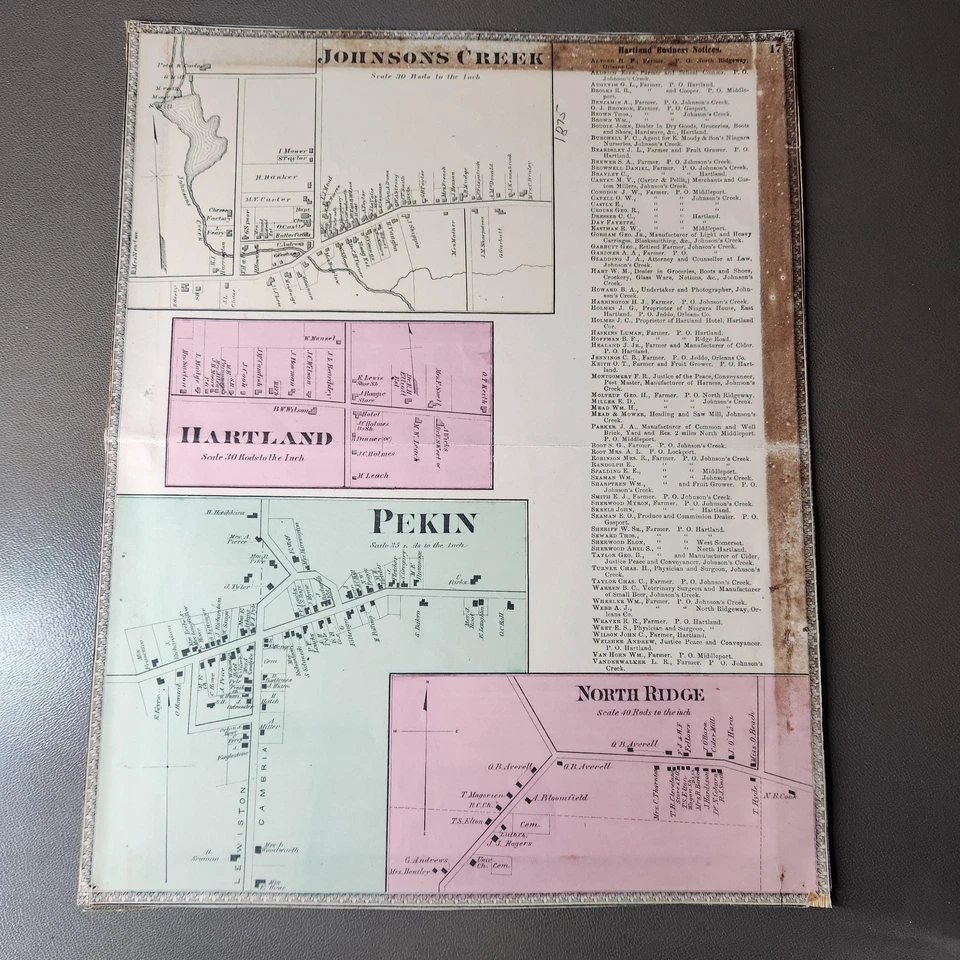 Vintage 1875 Hartland Johnsons Creek North Ridge Pekin Map Niagara County NY Dec - Image 1 of 4