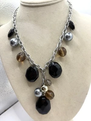 Beaded Cha Cha Beaded Y Drop Silver Tone Necklace Black, Amber, & Light Gray - Image 1 of 4