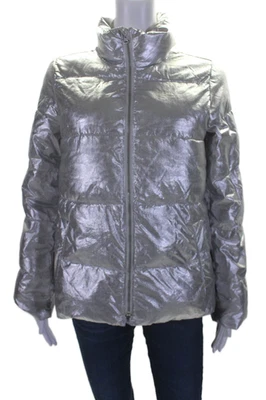 Chaqueta acolchada metálica con capucha manga larga brillante textura J Crew para mujer talla plateada Foto 1 de 4