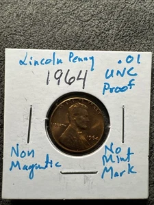 1964 Lincoln Cent Penny Gem Proof. No Mint Mark. Philadelphia. UNC. Non Magnetic - Picture 1 of 4