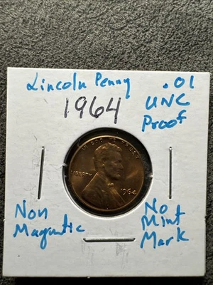 1964 Lincoln Cent Penny Gem Proof. No Mint Mark. Philadelphia. UNC. Non Magnetic - Image 1 of 4