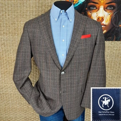 Abrigo deportivo HART SCHAFFNER & MARX para hombre 44 R marrón tostado negro ventana lana EE. UU. Foto 1 de 4