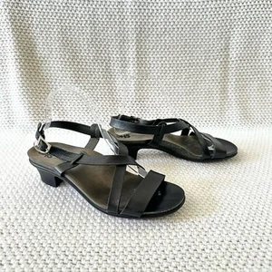 SAS Comfort Women Black Leather Nouveau Cross Strap Low Heel Dress Sandals 9.5M - Picture 1 of 12