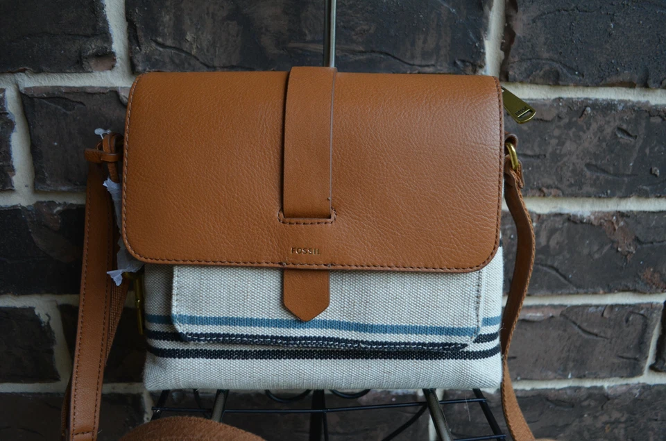 Fossill Kinley Brown Natural Striped Leather Canvas Crossbody Shoulder Bag