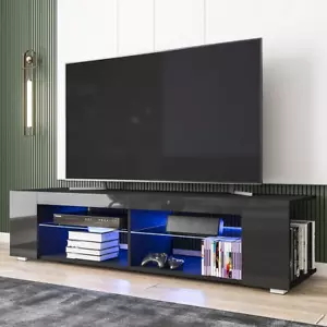 TV Stand for Tvs up to 65" with Open Glass Shelves Remote LED Light Black Media - Picture 1 of 12