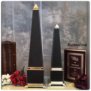 Messing OBELISKEN mit braun genähtem Leder Deko Handwerk Inc. - 80er Jahre Set 2 - Bild 1 von 9