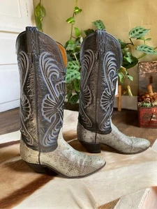 Vintage Tony Lama Snakeskin & Leather Western Boots, Grey & Blue,  Sz 5 - Picture 1 of 10