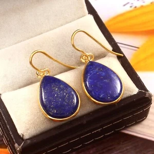 18k Yellow Gold Natural Lapis Lazuli Dangle Earring Handmade Earring - Picture 1 of 3