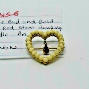 Avon White Bead and Gold Heart with Red Stone Dangling in the Middle