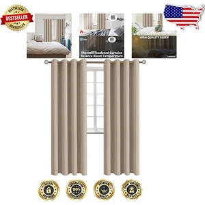 Versatile Sand Thermal Blackout Grommet Curtains - Ideal for Bedroom, 52x84" - Picture 1 of 8