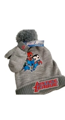 Justice League Hat Toddler Beanie Mittens Set Gray DC Comics - Image 1 of 4