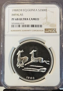 1980 EQUATORIAL GUINEA SILVER 2000 EKUELE IMPALAS NGC PF 68 ULTRA CAMEO RARE - Picture 1 of 3