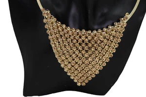 Women Gold Metal Choker Bib Strand Fashion Necklace Bling Mesh Statament Look - Picture 1 of 11