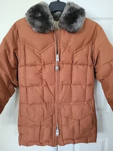 Vintage Damen bequeme Premium Gänsedaunen gefütterte Jacke braun Kragen Gr. 16  - Bild 1 von 18