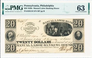 Manual Labor Banking House USA 20 $ 1830 Pennsylvania, Philadelphia PMG 63 - Bild 1 von 2