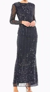 Mac Duggal 93626 Sheer Long Sleeve Beaded Gown Sz 12 Navy NWT - Picture 1 of 11