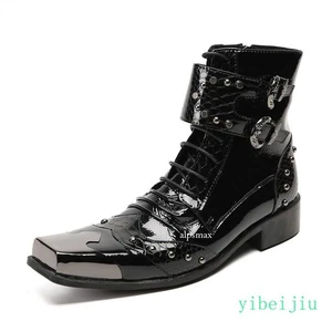 Men's Metal Square Toe Ankle Boots Studded Dress Shoes Snakeskin Pattern Evening - Picture 1 of 26