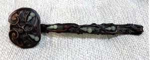 Antique Zitan Wood Ruyi Scepter with Celadon Jade Gourds - Picture 1 of 7