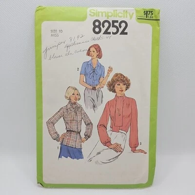 Simplicity 8252 Misses' Button Front Blouse Scarf Sewing Pattern Size 10 Uncut - Image 1 of 4
