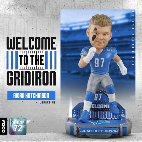 AIDAN HUTCHINSON Detroit Lions / Michigan Wolverines ROOKIE Bobblehead #/72 NIB Cover