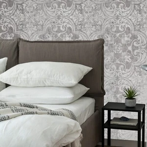 Gray silver metallic matte white damask Victorian natural real cork wallpaper 3D - Picture 1 of 11