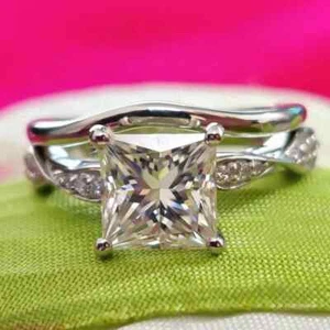 1.99Ctw Princess Cut Moissanite Bridal Set Engagement Ring 14k White Gold Plated - Picture 1 of 6