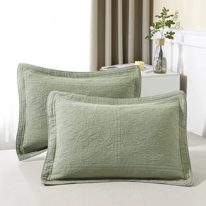 Cotton Quilted Floral Pillow Sham Sage Green Standard 20x26 Inch Pillow Cover - Picture 1 of 7