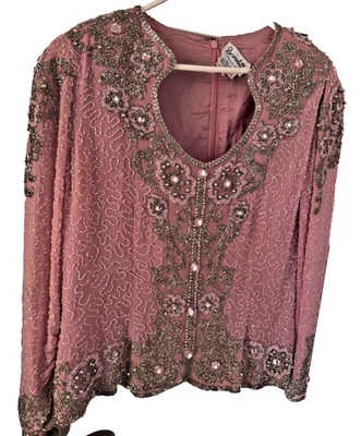 Camisa Blusa Bernadette Vintage Con Cuentas Rosa y Plata Manga Larga Seda 2X Foto 1 de 4