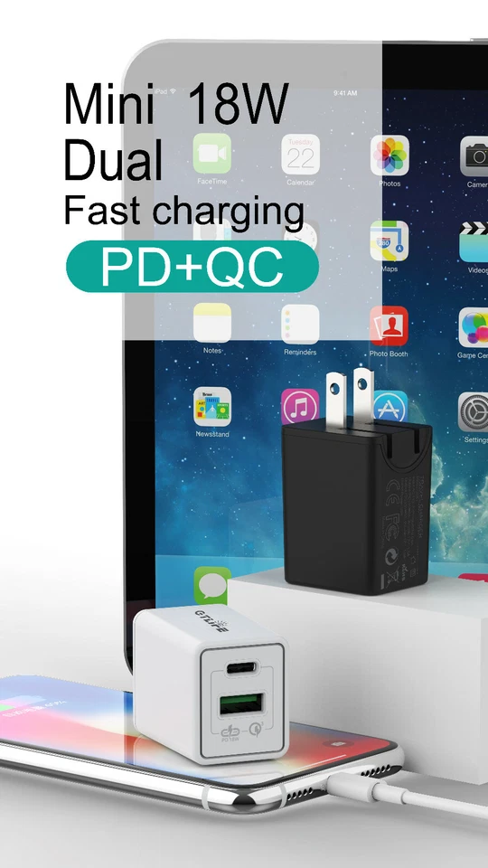 GT Life 18W Dual Wall Charger PD QC 3.0 Fast Charging Adapter for iPhone Samsung - Image 1 of 4