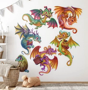 Wandtattoo Kinderzimmer Wanddeko Kleine bunte Drachen im Cartoon-Märchenstil - Bild 1 von 12