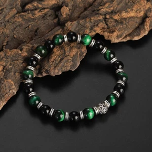 Stone Bracelets Natural Tiger Eye Leopard Head 8MM Beaded Bangles for Men Women - Picture 1 of 21