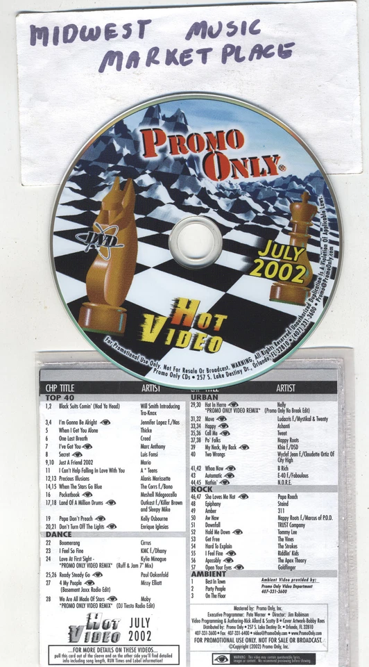 Promo Only Hot Video DVD July 2002 - Paul Oakenfold Moby Vines Strokes Staind - Image 1 of 1