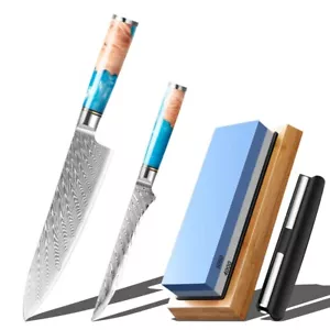 3pc Kitchen Set,Damascus Chef Knife+Bone Cutting Knife+Sharpening Stone - Picture 1 of 6