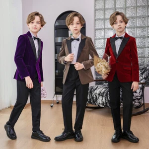 Kids Boys Velvet Gentleman Outfit Coat Shirt Bowtie Pants Wedding Suit - Picture 1 of 24