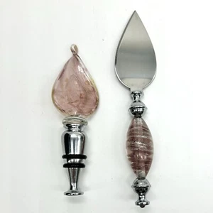 Venezianisches Glas Wein Stopfen und Käsemesser Konvolut - klar & rosa - mit Boxen - Bild 1 von 7