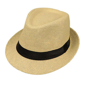 For Unisex Summer Straw Fedora Hat Trilby Cuban Sun Cap Panama Floral Short Brim