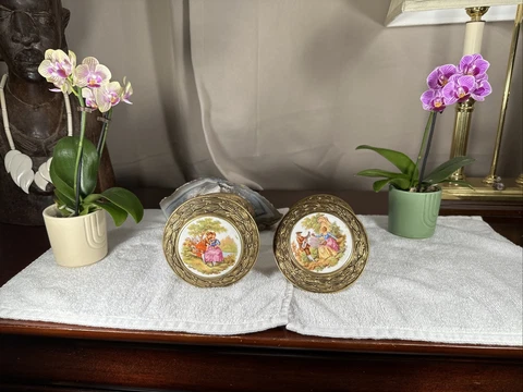 Vintage HUGE 4” Fragonard Victorian Brass Porcelain Pair SET LotOf2 Door Handles Cover