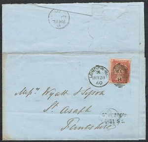 1860 'GT WESTERN/DIST SC' Rare Railway Cancel on Cover to St Asaph Wales 1d Red - Picture 1 of 1