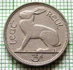 IRELAND 1961 3 PINGIN PENCE THREEPENCE, HARE & Gaelic Harp km# 12a - Picture 1 of 6