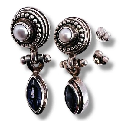 Bali 925 Sterling Silver Pearl & Iolite Dangle Post Earrings - 3384 - Image 1 of 4