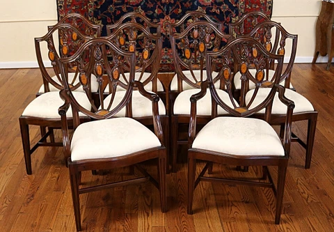 Set of 10 Mahogany Satinwood Inlaid Baltimore Federal Style Dining Chairs Cover