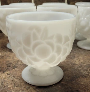 7 Vintage White Milk Glass Dessert Fruit Dishes W/ Pedestal Fruit Pattern - Picture 1 of 9